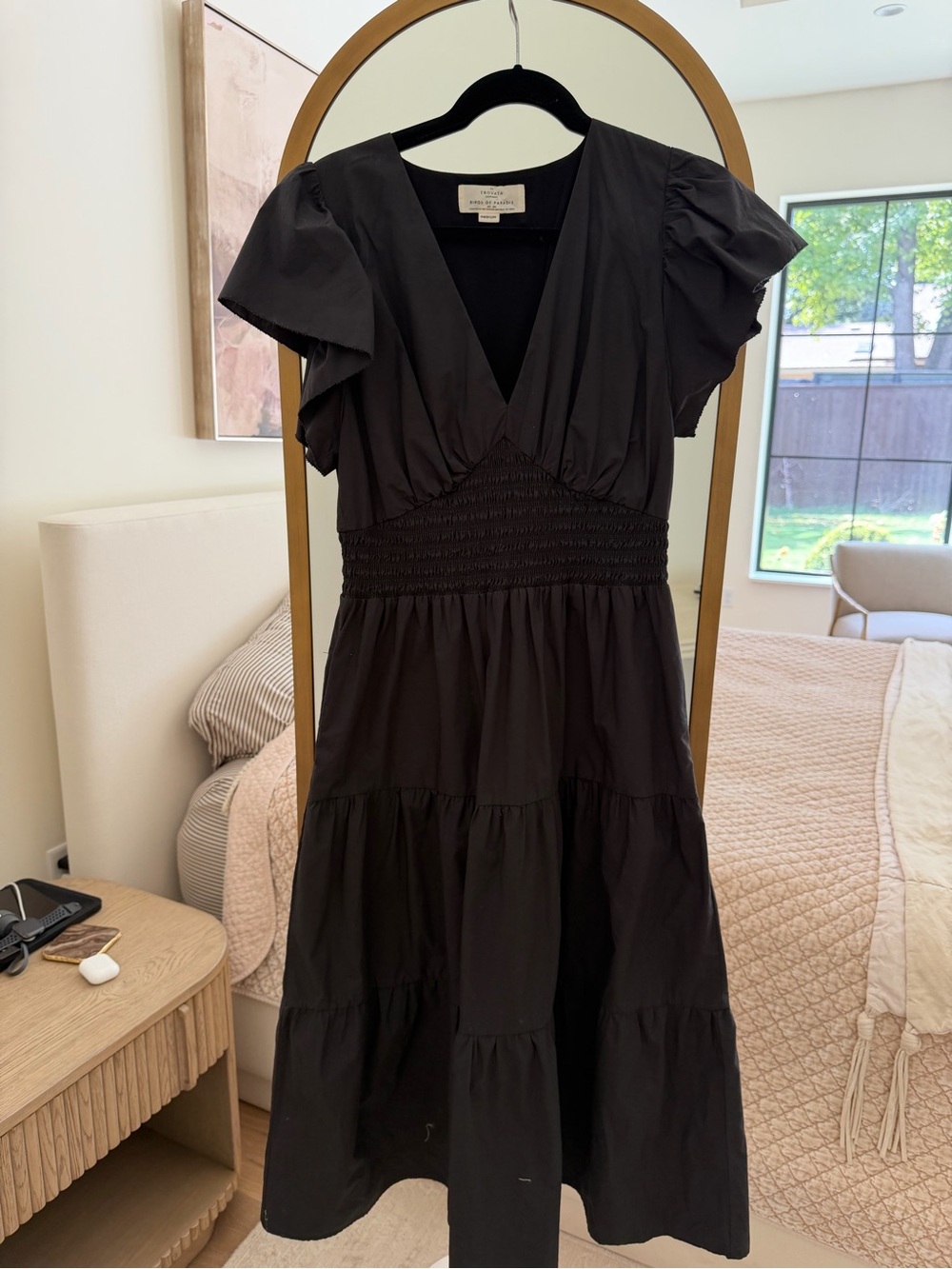 Trovata Black V-Neck Smocked Waist Tiered Midi Dress